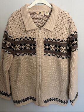 Vintage Maurices Sweater Mens L Shetland Wool Beige Fair Isle Full Zip Grandpa